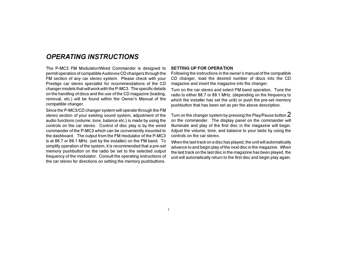 Audiovox P-MC3 owner manual Operating Instructions, Setting UP for Operation 