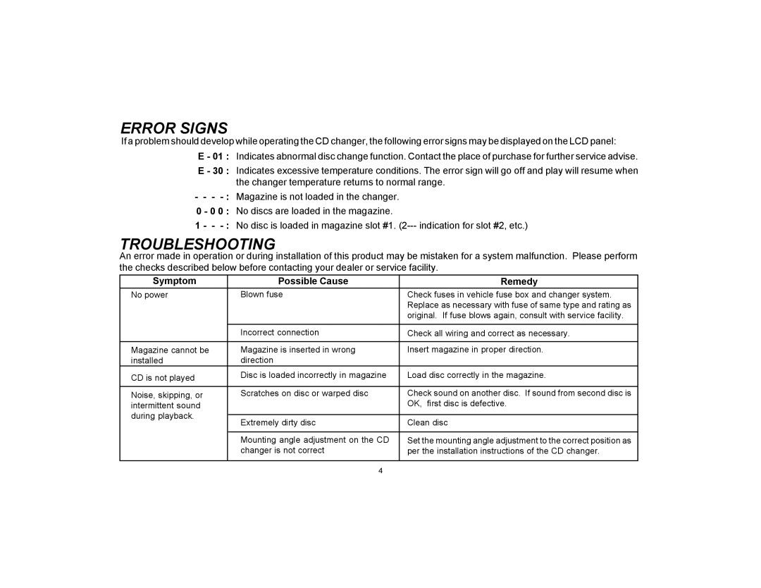 Audiovox P-MC3 owner manual Error Signs, Troubleshooting 