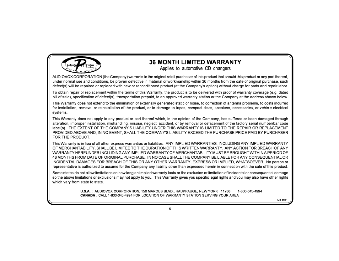 Audiovox P-MC3 owner manual Month Limited Warranty, Applies to automotive CD changers 