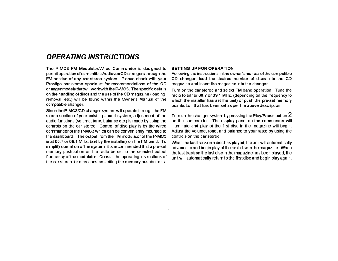 Audiovox P-MC3 owner manual Operating Instructions 