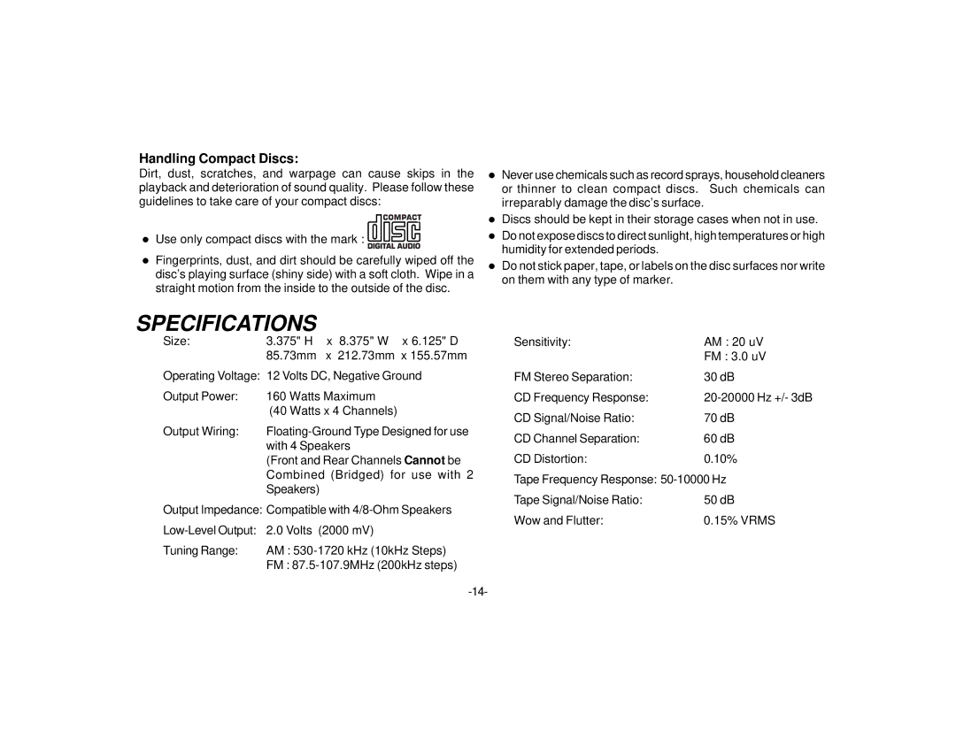 Audiovox P153B manual Specifications, Handling Compact Discs 