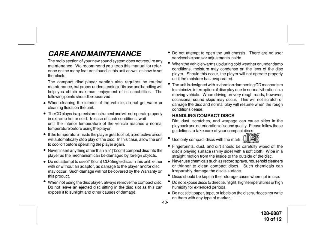 Audiovox P942WESP manual Care and Maintenance, Handling Compact Discs 