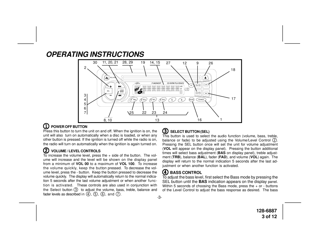 Audiovox P942WESP manual Operating Instructions, Power OFF Button Select Button SEL 