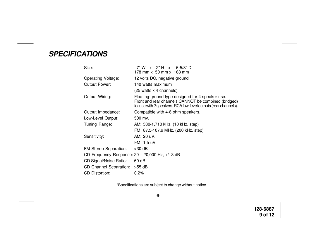 Audiovox P942WESP manual Specifications 