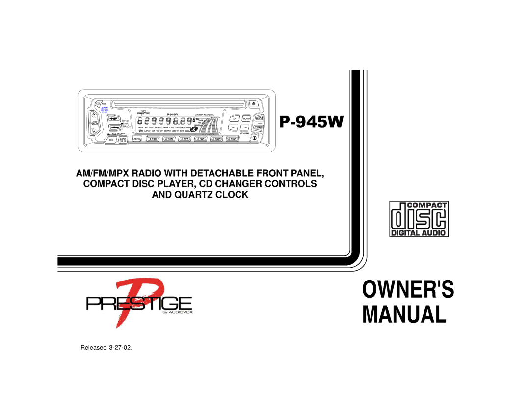 Audiovox P945W owner manual Owners Manual 