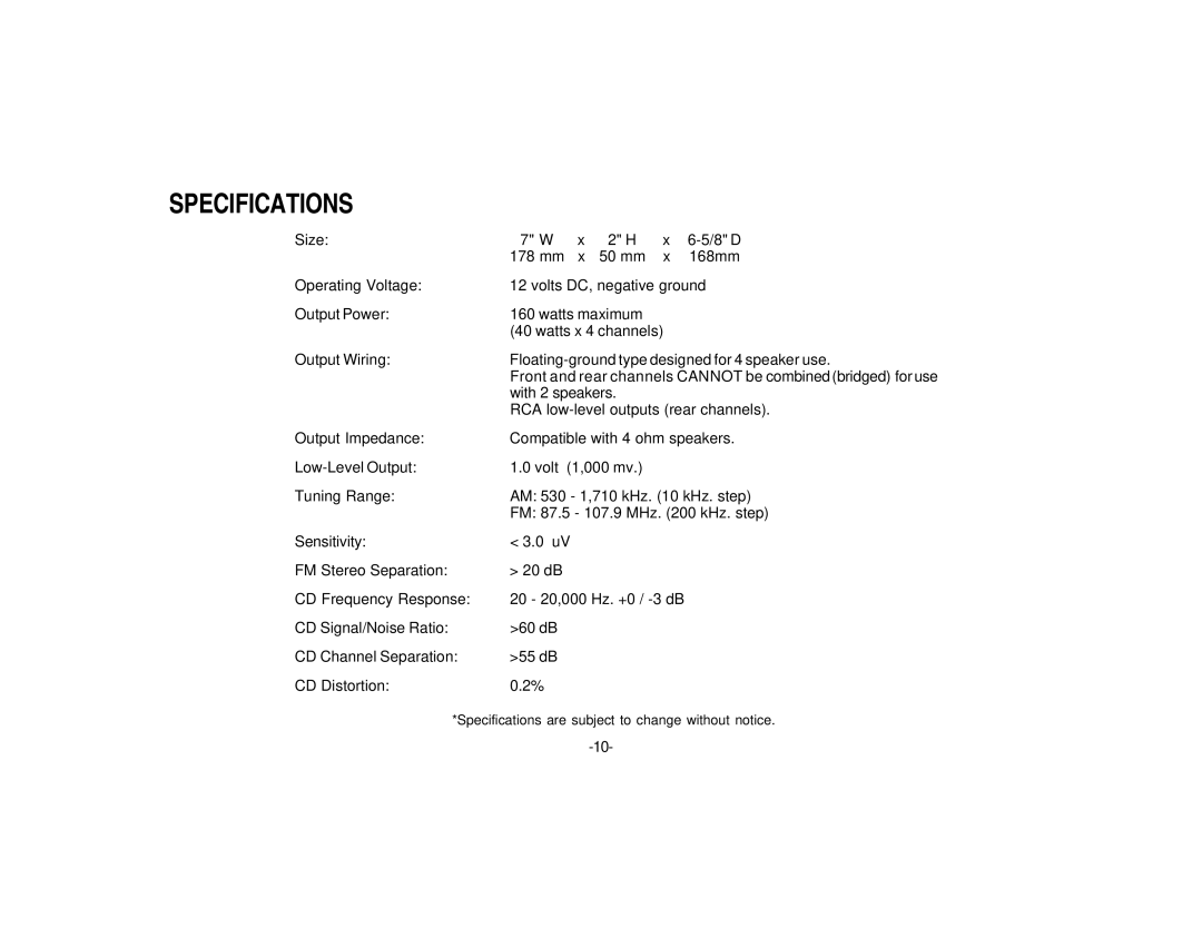 Audiovox P945W owner manual Specifications 