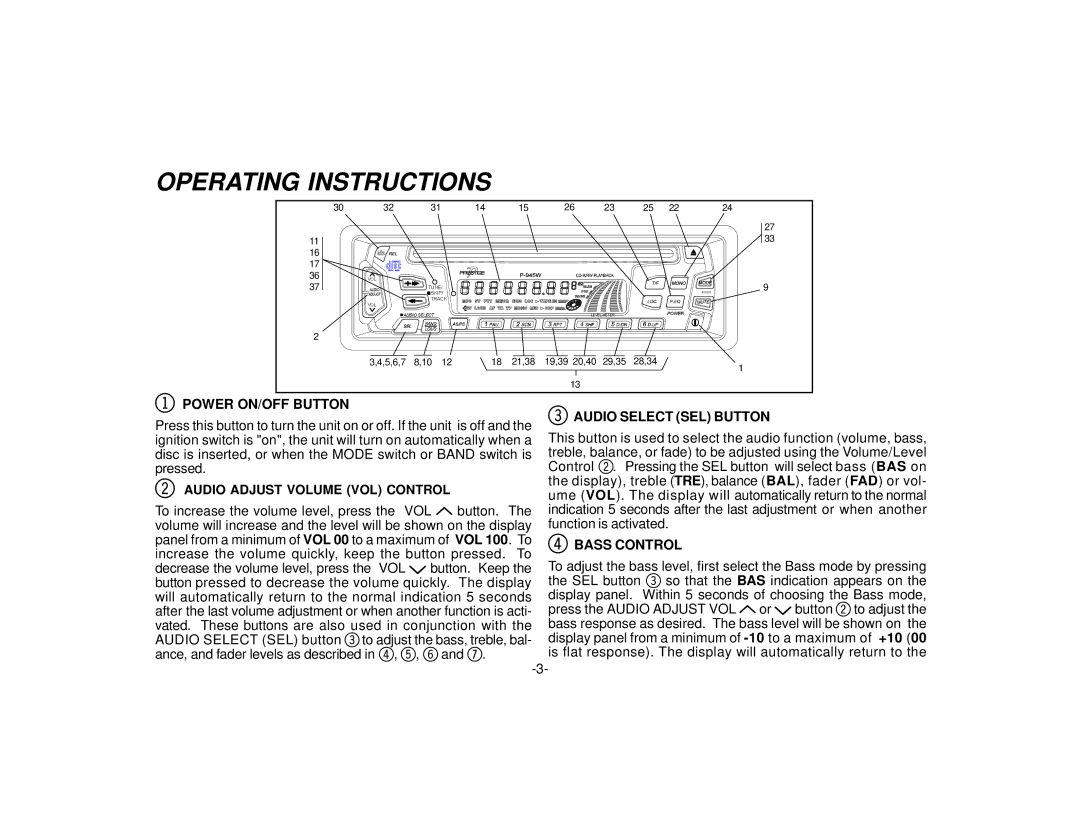 Audiovox P945W owner manual Operating Instructions 