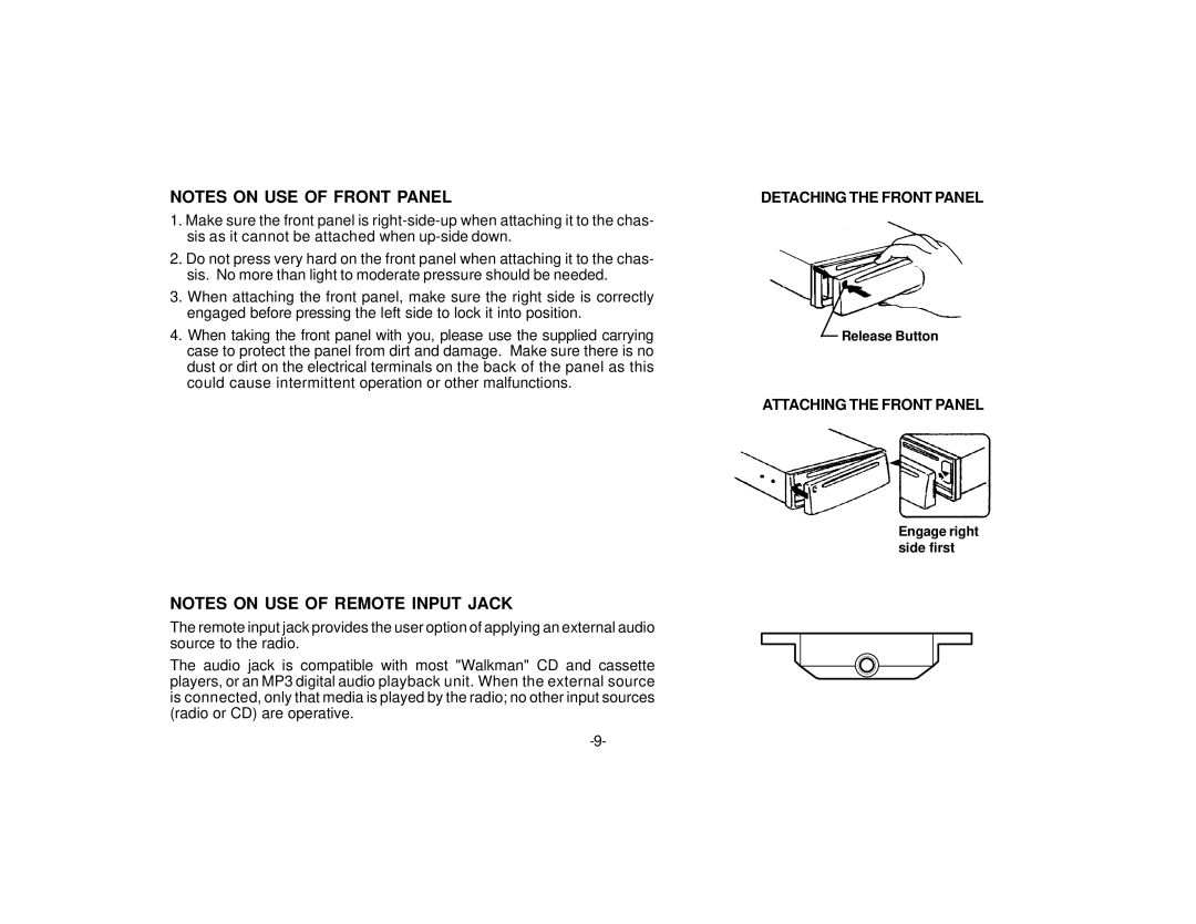 Audiovox P945W owner manual Detaching the Front Panel 