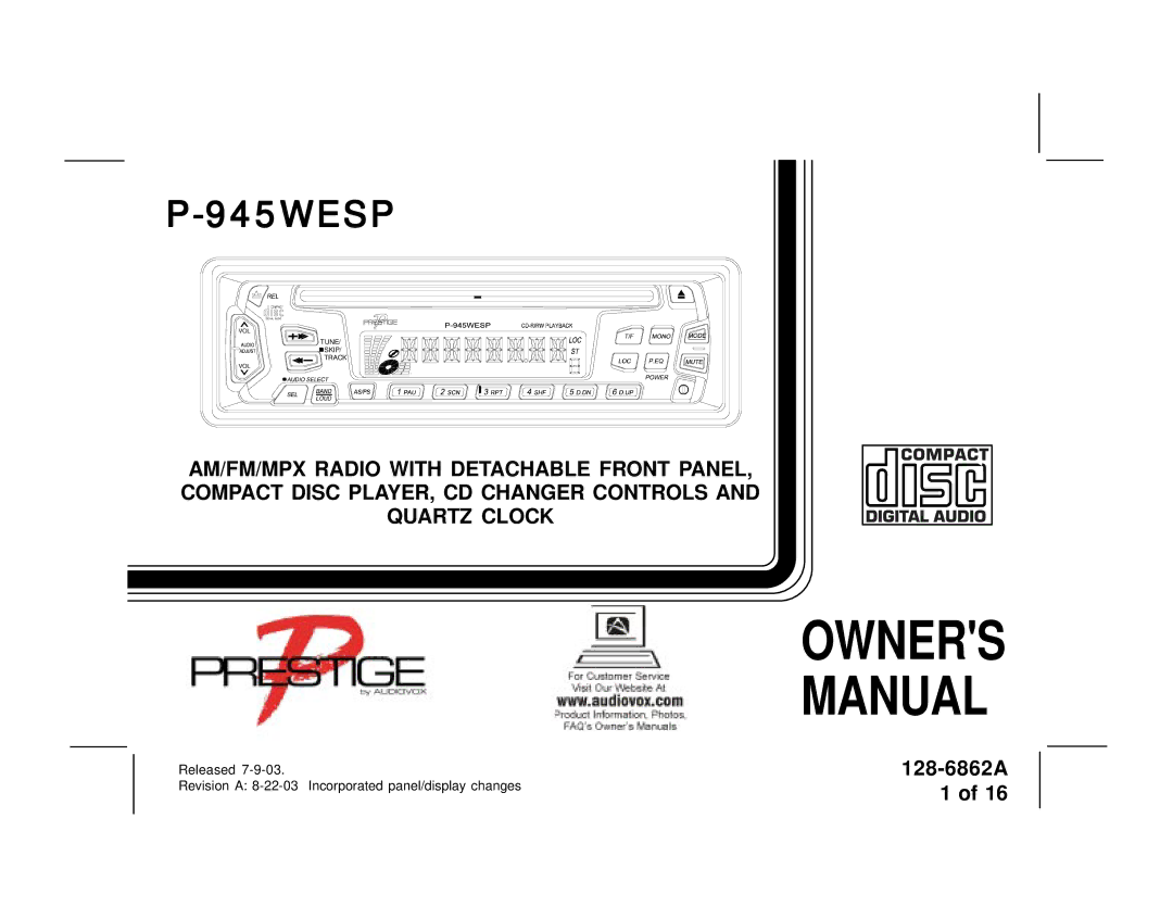 Audiovox P945WESP owner manual Owners Manual 