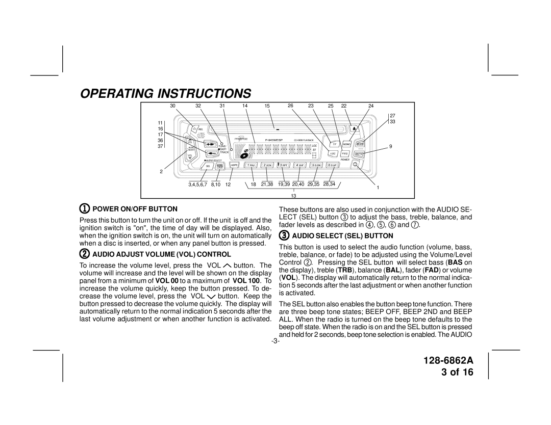 Audiovox P945WESP owner manual Power ON/OFF Button, Audio Select SEL Button, Audio Adjust Volume VOL Control 
