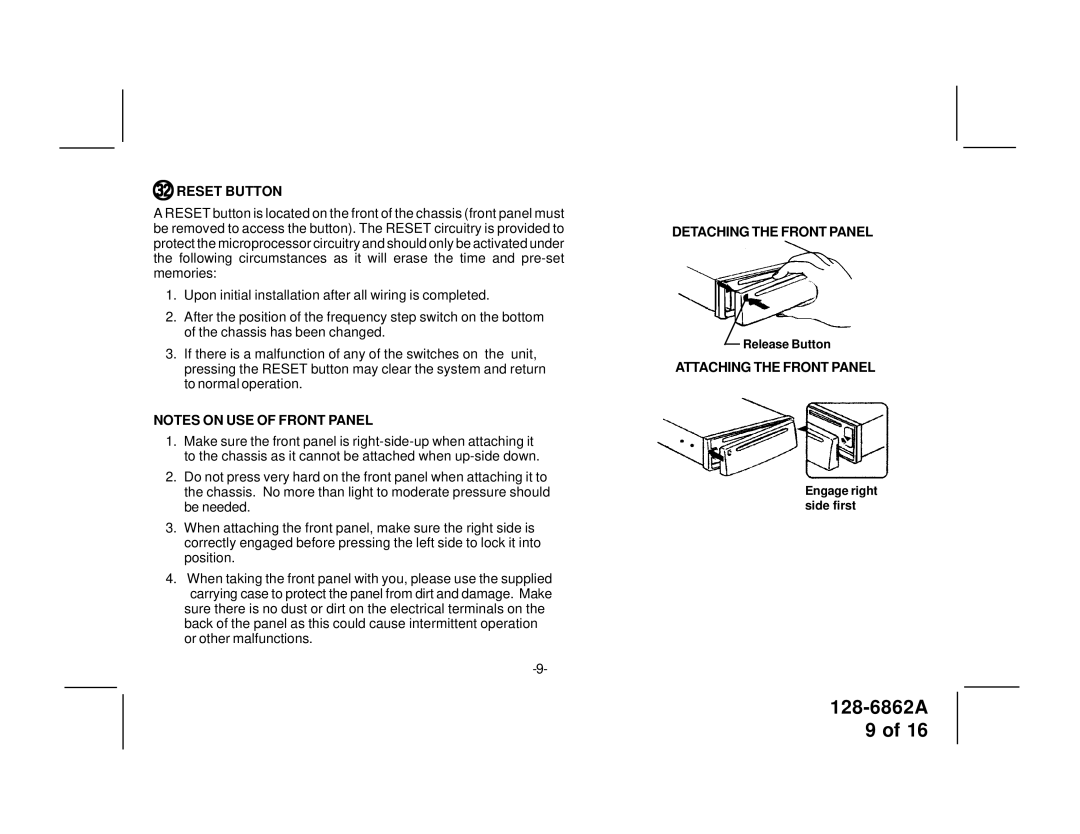 Audiovox P945WESP owner manual Dn Reset Button, Detaching the Front Panel, Attaching the Front Panel 