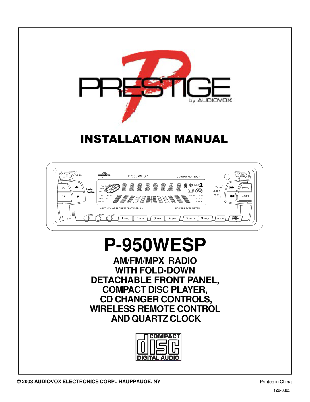 Audiovox P950WESP installation manual 