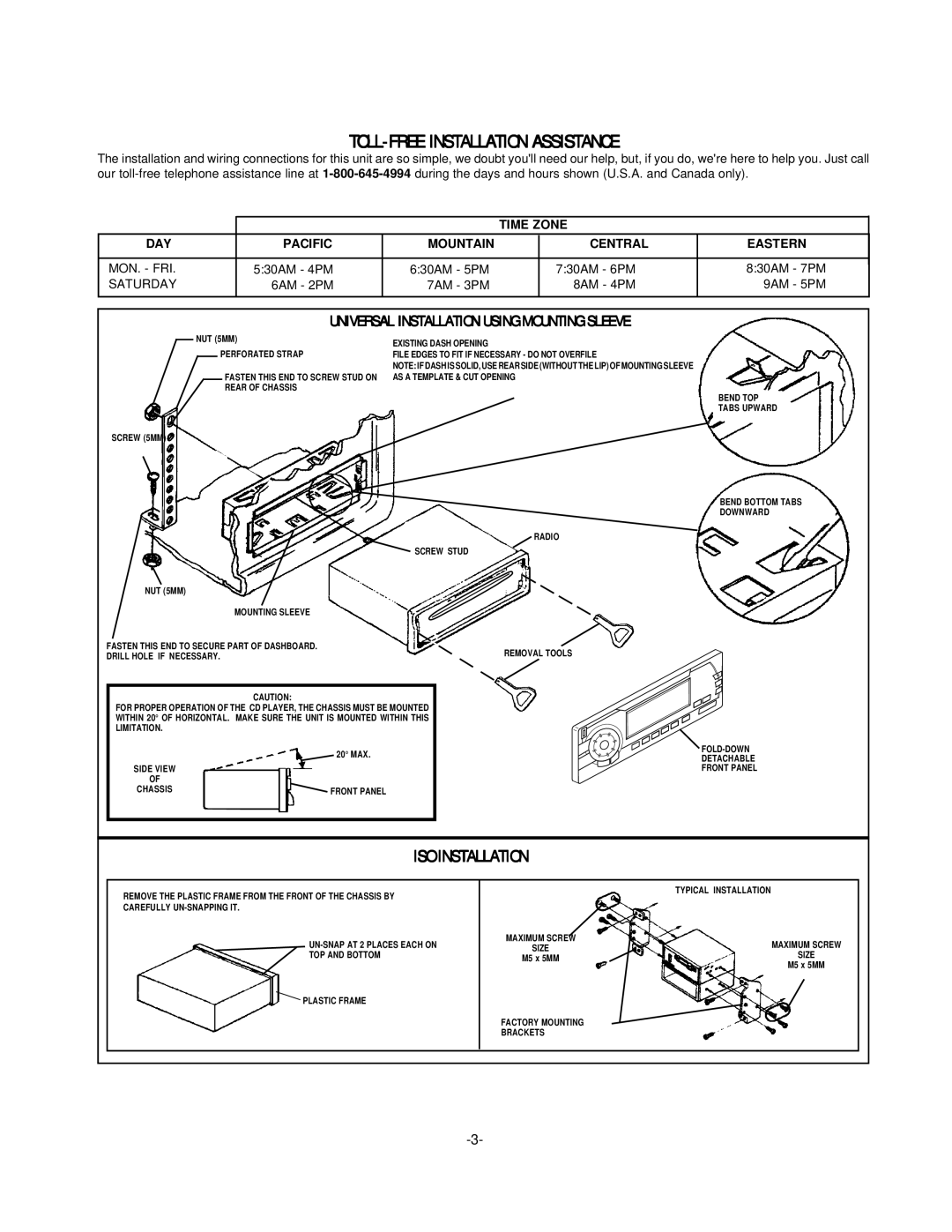 Audiovox P950WESP installation manual TOLL-FREE Installation Assistance, Mon. Fri, Saturday 