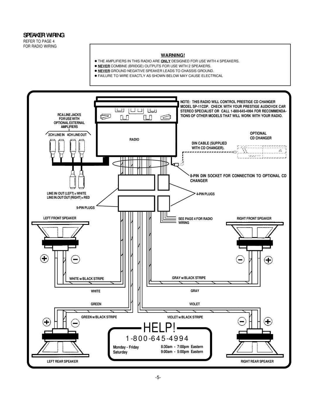 Audiovox P950WESP installation manual Speaker Wiring, Refer to For Radio Wiring 