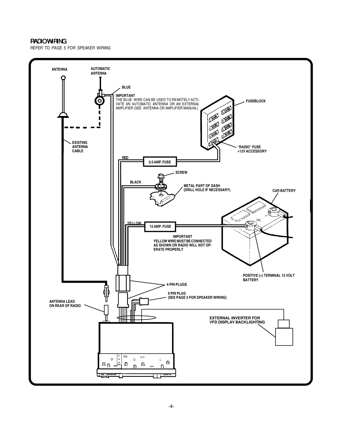 Audiovox P953 manual Radio Wiring, Refer to page 5 for Speaker Wiring 