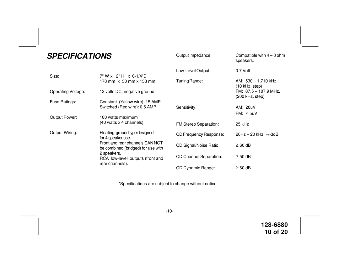 Audiovox P953ESP manual Specifications 