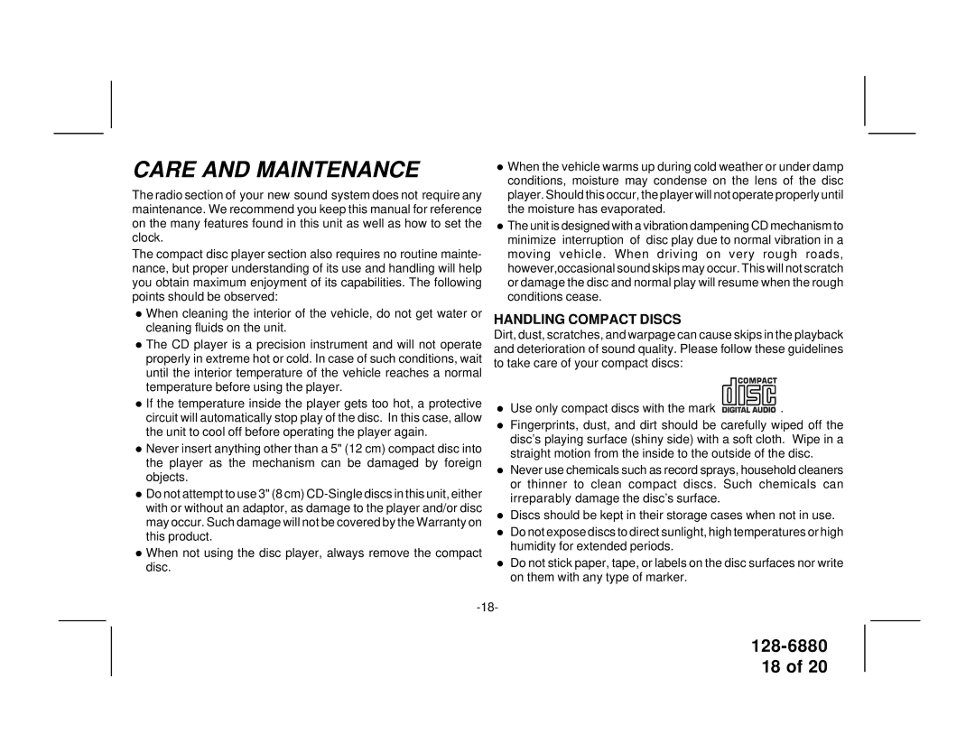 Audiovox P953ESP manual Care and Maintenance, Handling Compact Discs 