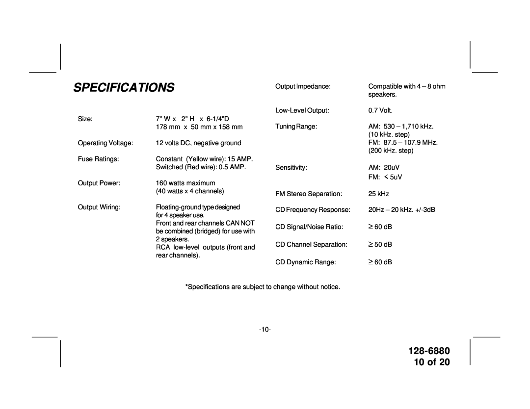 Audiovox P953ESP manual Specifications, 128-6880 10 of 