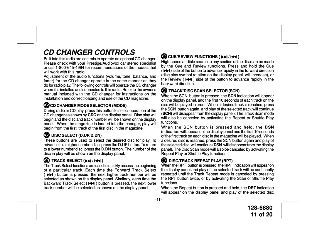 Audiovox P953ESP manual Cd Changer Controls, 128-6880 11 of, dqCD CHANGER MODE SELECTOR MODE, dr DISC SELECT D.UP/D.DN 