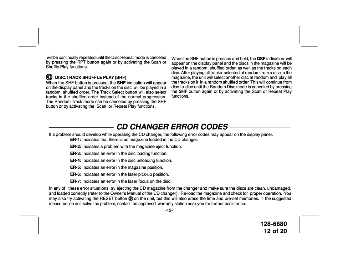 Audiovox P953ESP manual Cd Changer Error Codes, 128-6880 12 of, em DISC/TRACK SHUFFLE PLAY SHF 