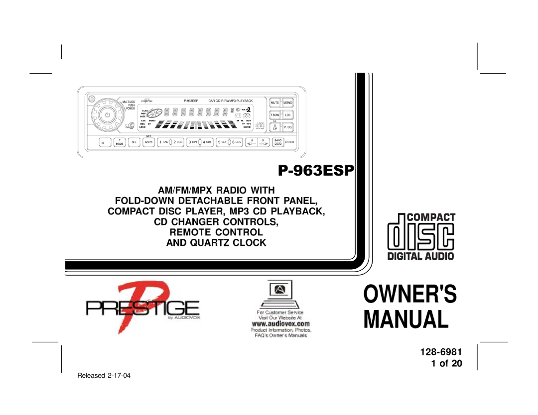 Audiovox P963ESP owner manual Owners Manual 