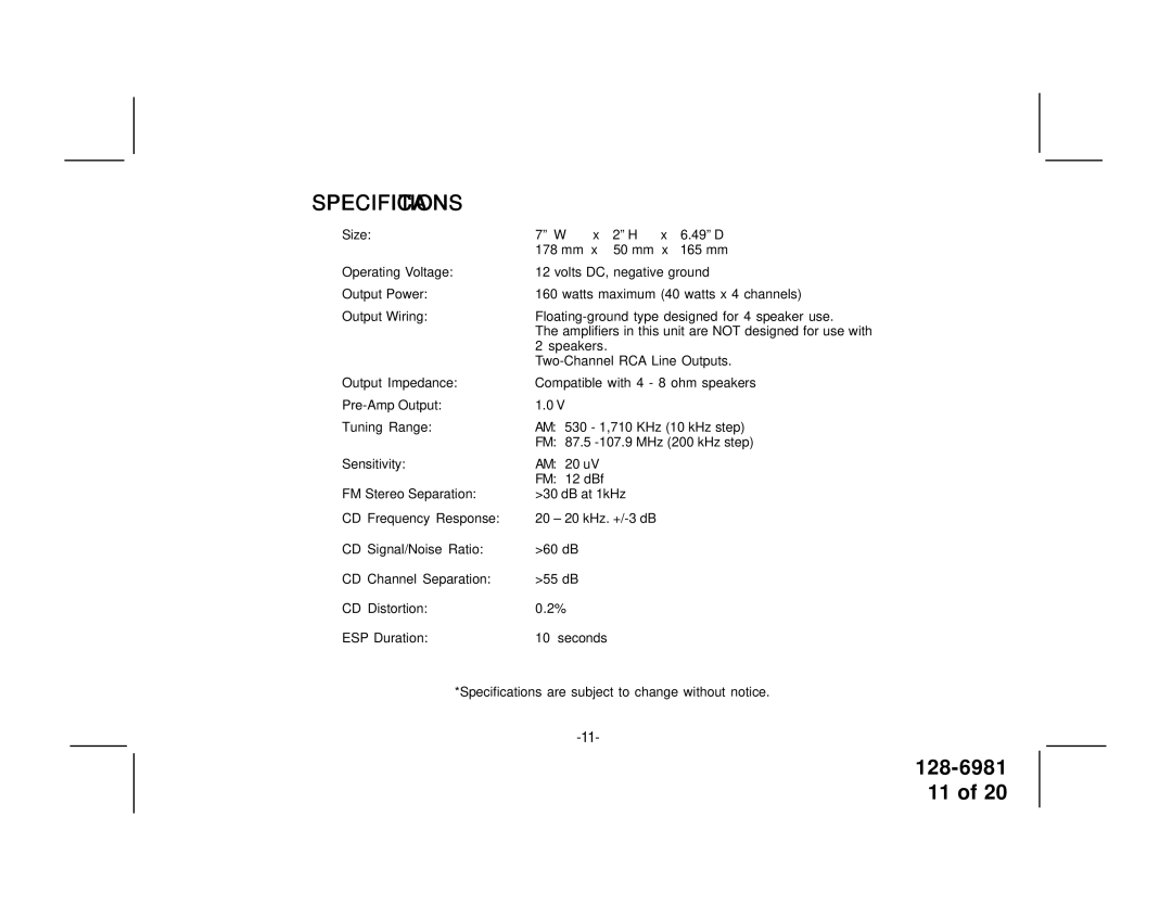 Audiovox P963ESP owner manual Specifications 