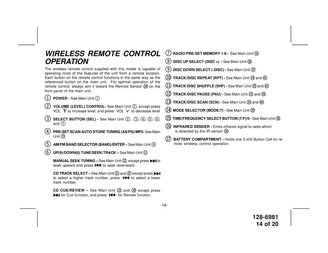 Audiovox P963ESP owner manual Wireless Remote Control Operation, Bq TIME/FREQUENCY Select Button T/F/0 See Main Unit dl 