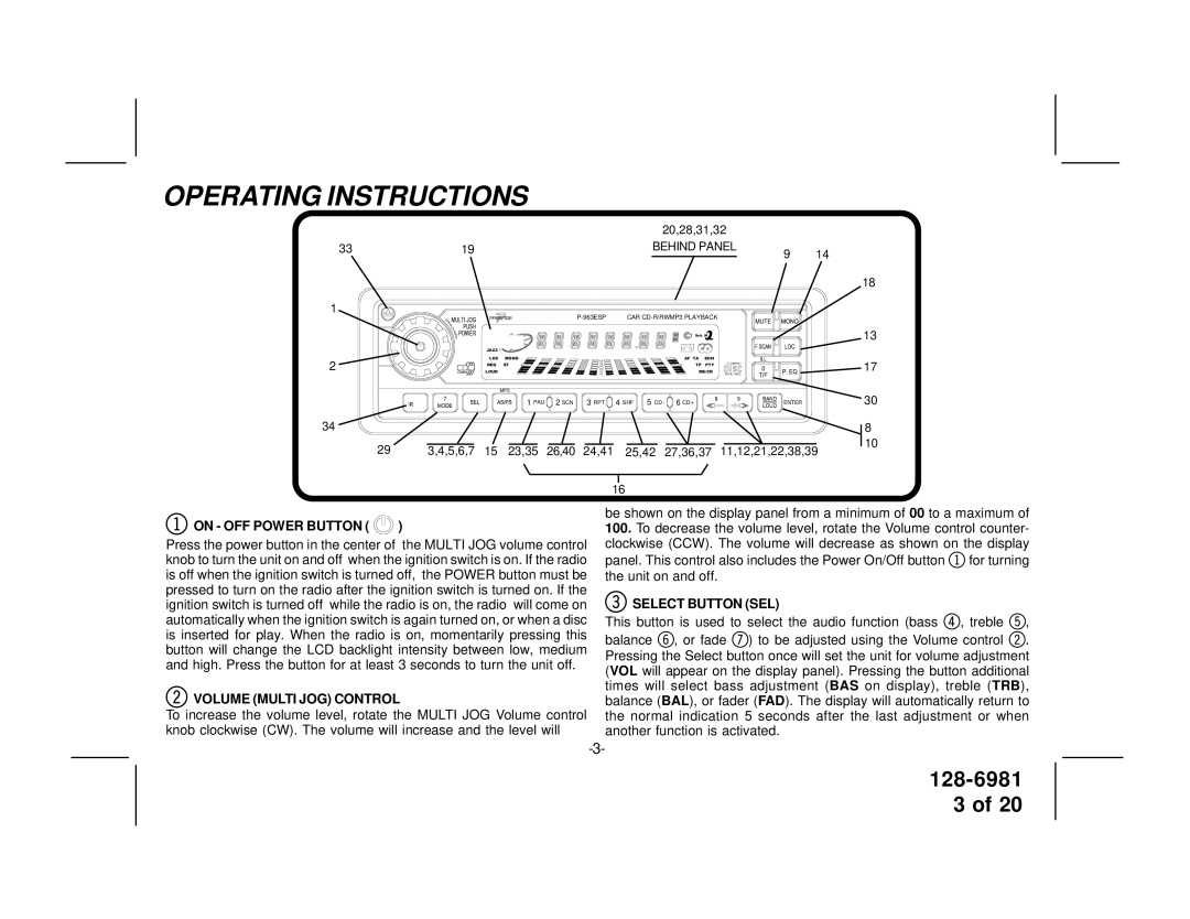 Audiovox P963ESP owner manual Operating Instructions, On OFF Power Button, Volume Multi JOG Control, Select Button SEL 