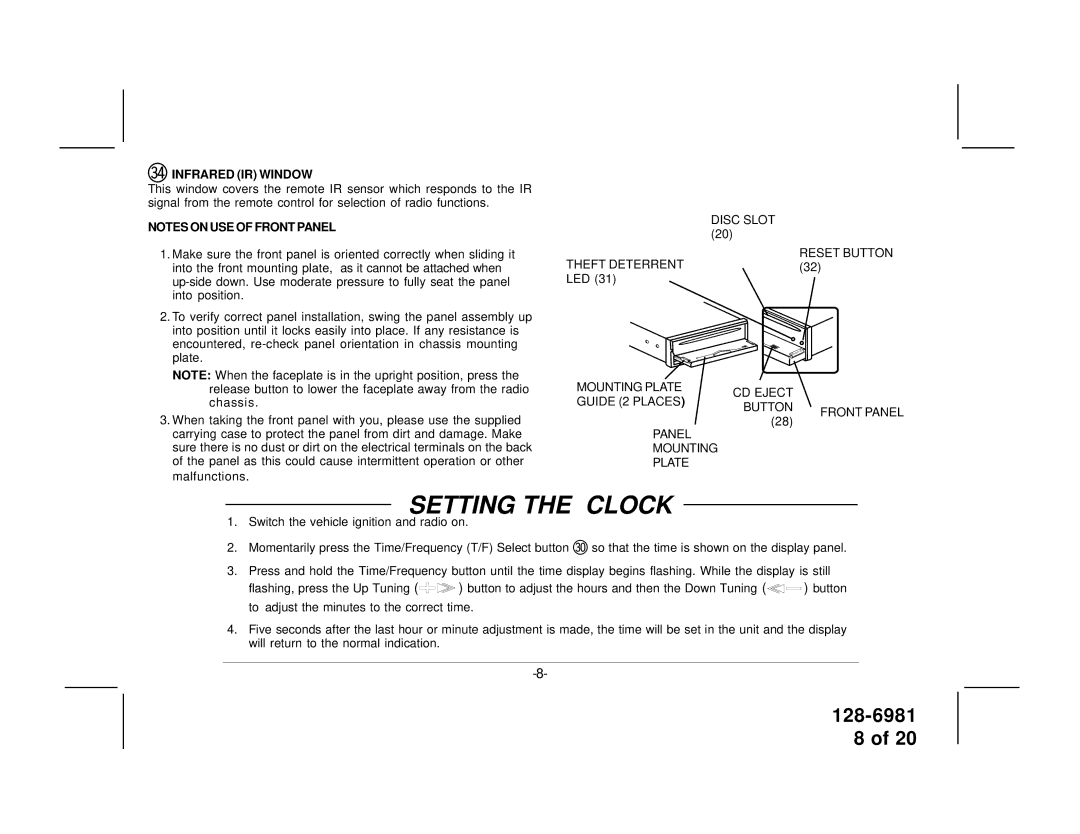 Audiovox P963ESP owner manual Setting the Clock, Dp Infrared IR Window 