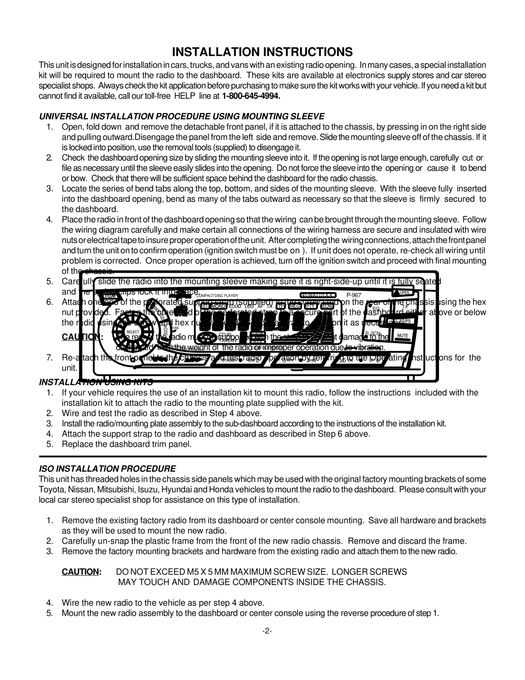 Audiovox P967 installation manual Installation Instructions 