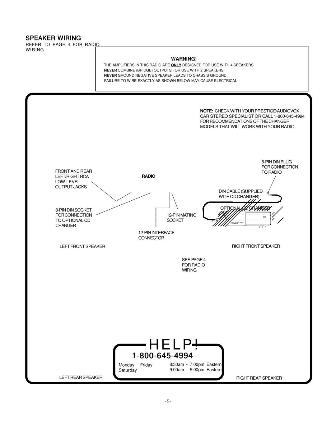 Audiovox P967 installation manual Speaker Wiring, Radio 