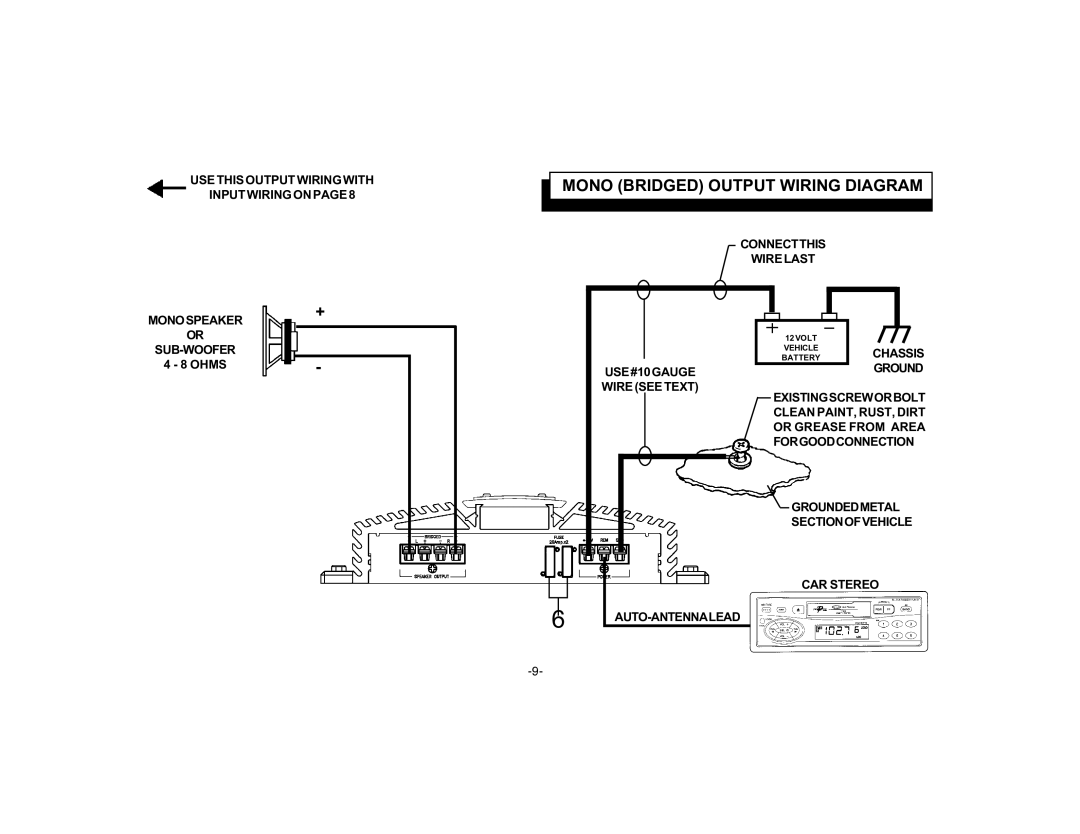 Audiovox PA-S2100 owner manual Mono Bridged Output Wiring Diagram 