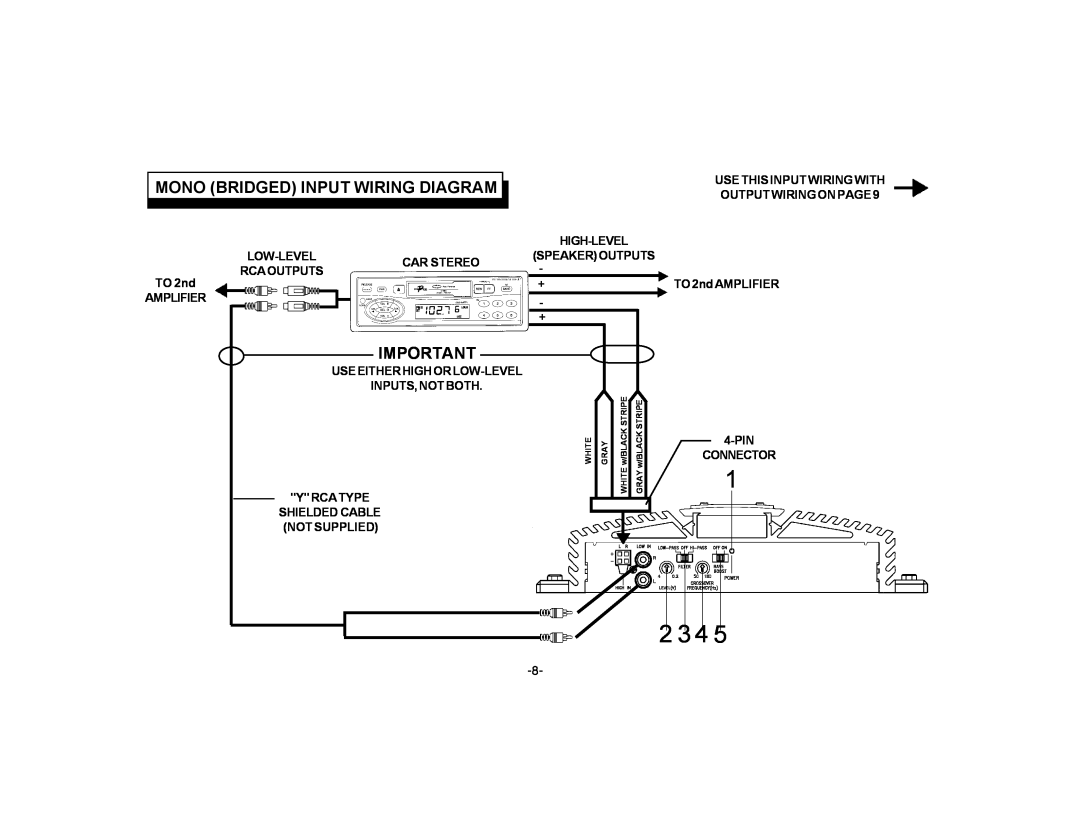 Audiovox PA-S250 owner manual 1 2, Mono Bridged Input Wiring Diagram 