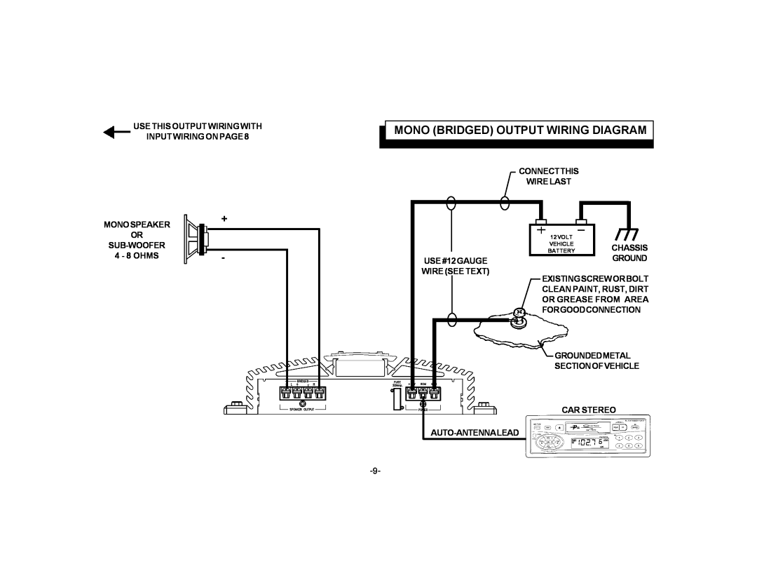 Audiovox PA-S250 owner manual Mono Bridged Output Wiring Diagram 