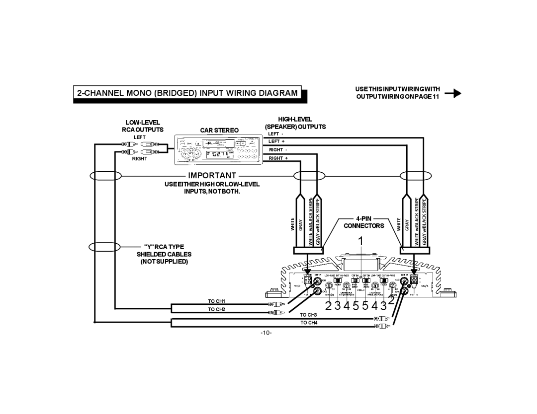 Audiovox PA-S450 owner manual 4 5 5 4, Channel Mono Bridged Input Wiring Diagram 