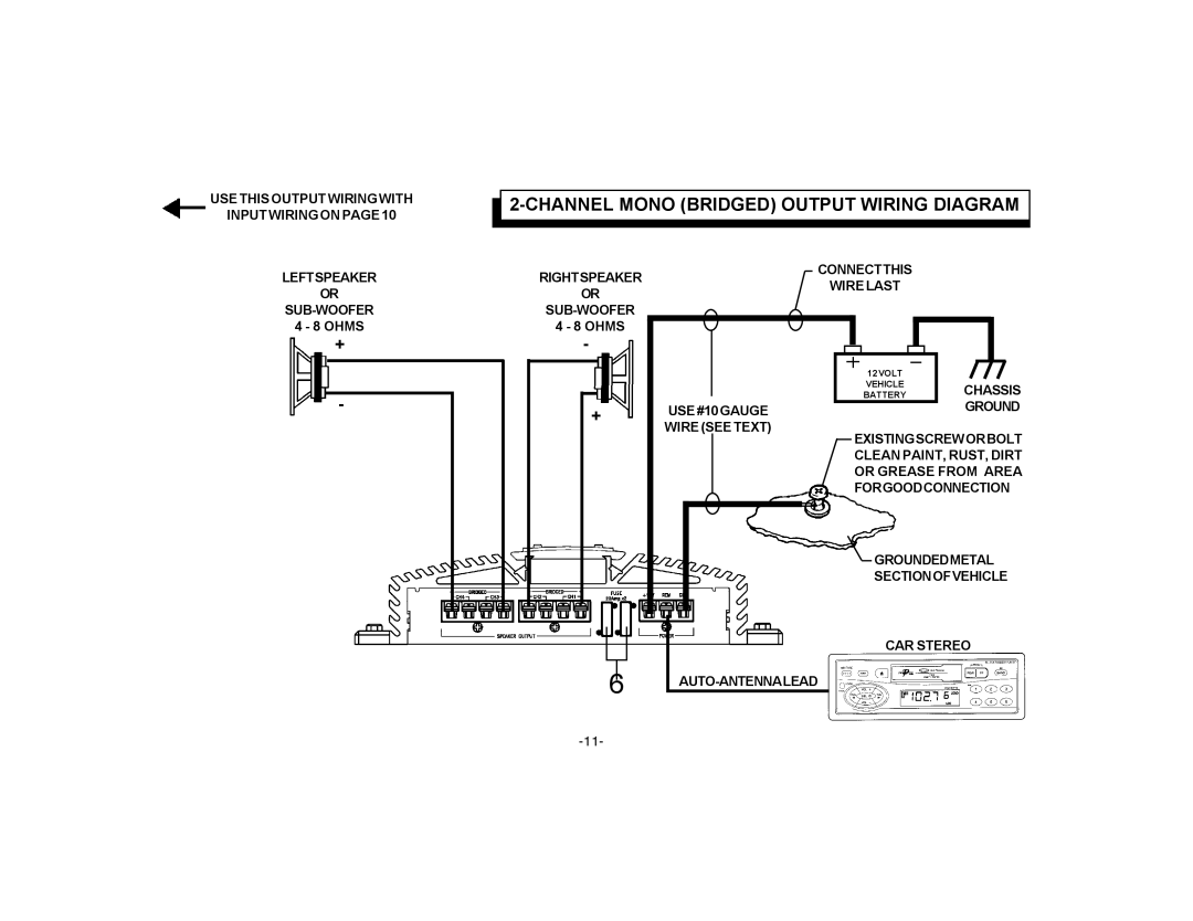 Audiovox PA-S450 owner manual Channel Mono Bridged Output Wiring Diagram 