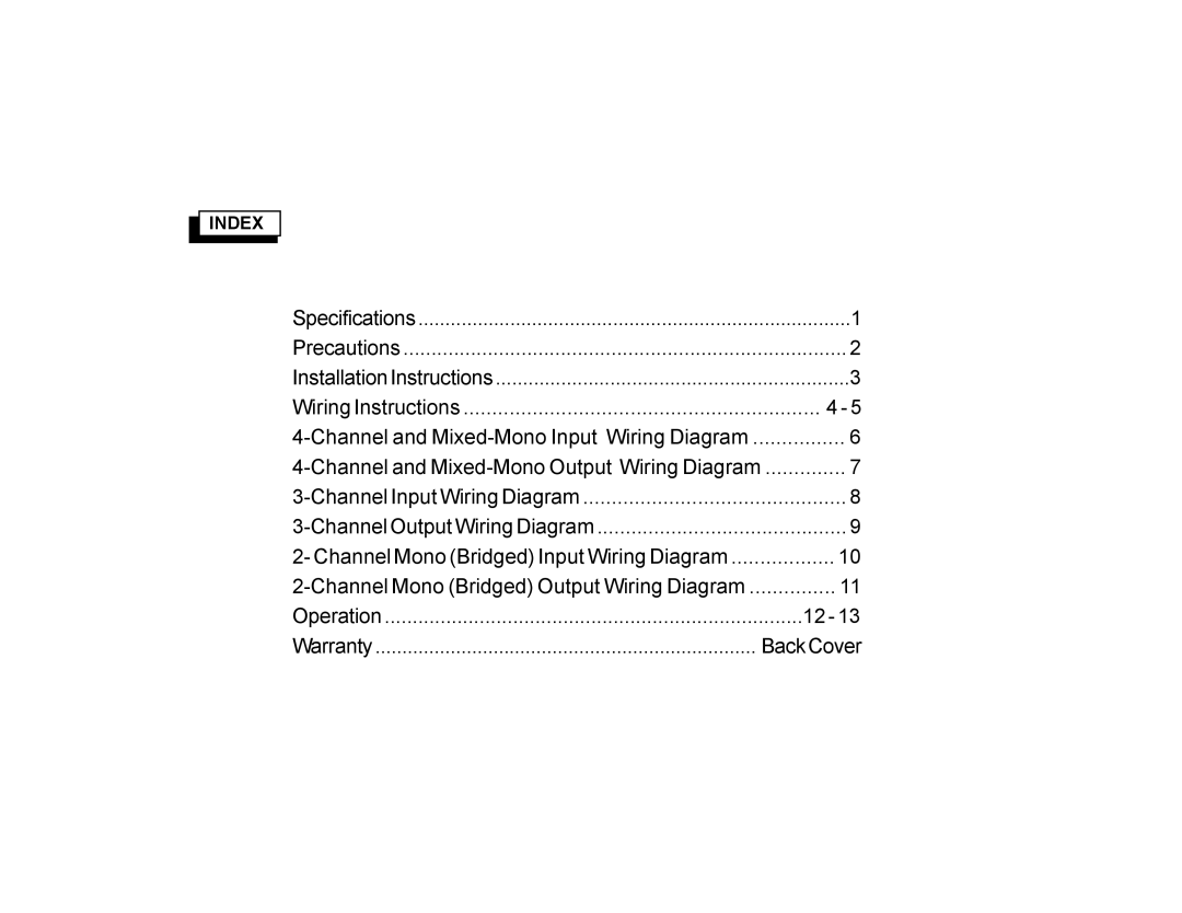 Audiovox PA-S450 owner manual Channel and Mixed-Mono Output Wiring Diagram, Index 