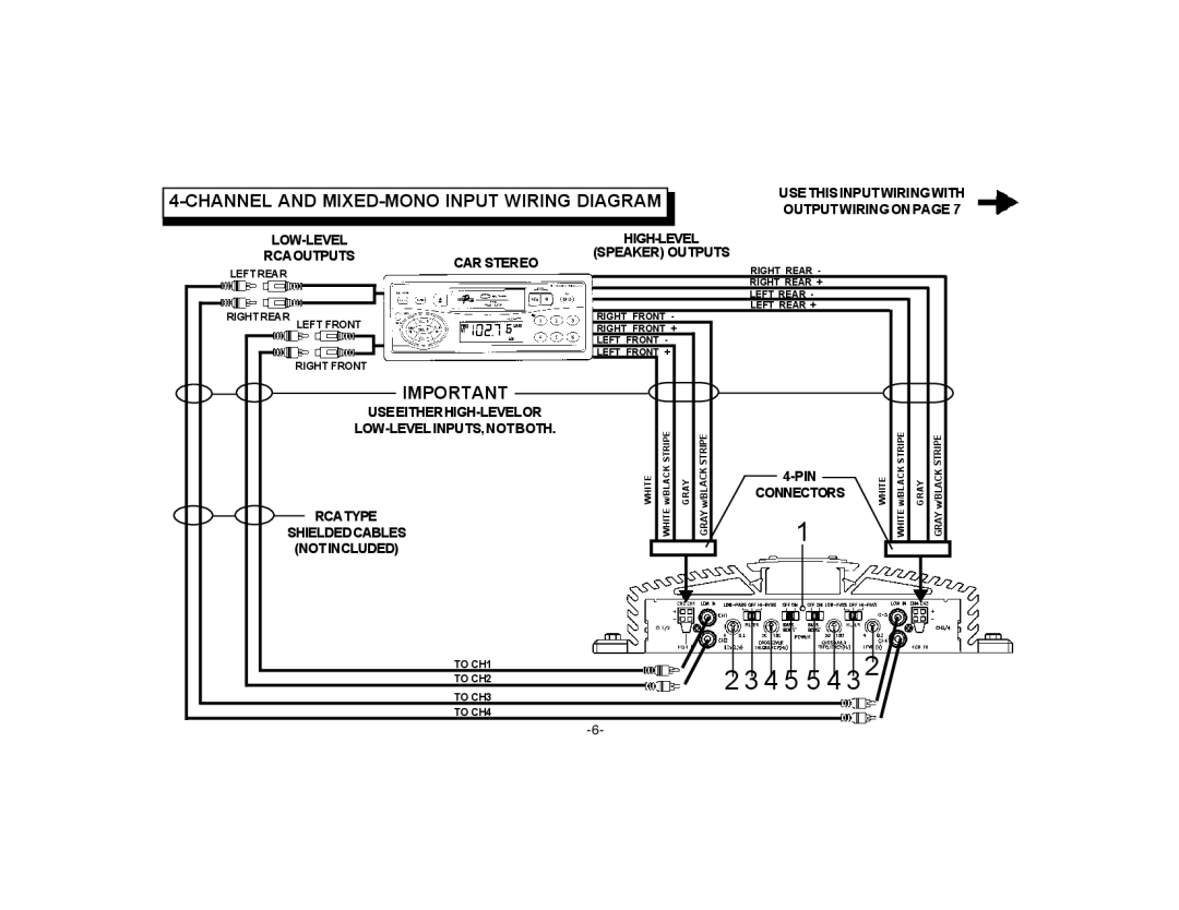 Audiovox PA-S450 Channel and MIXED-MONO Input Wiring Diagram, LOW-LEVEL HIGH-LEVEL Rcaoutputs Speaker Outputs CAR Stereo 