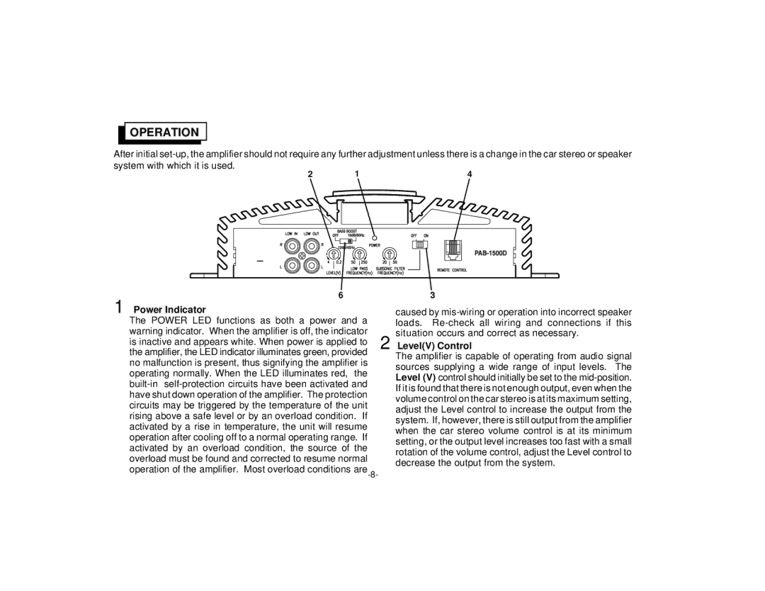 Audiovox PAB-1500D manual Operation, Power Indicator 