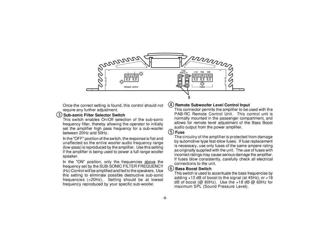 Audiovox PAB-1500D manual Remote Subwoofer Level Control Input 