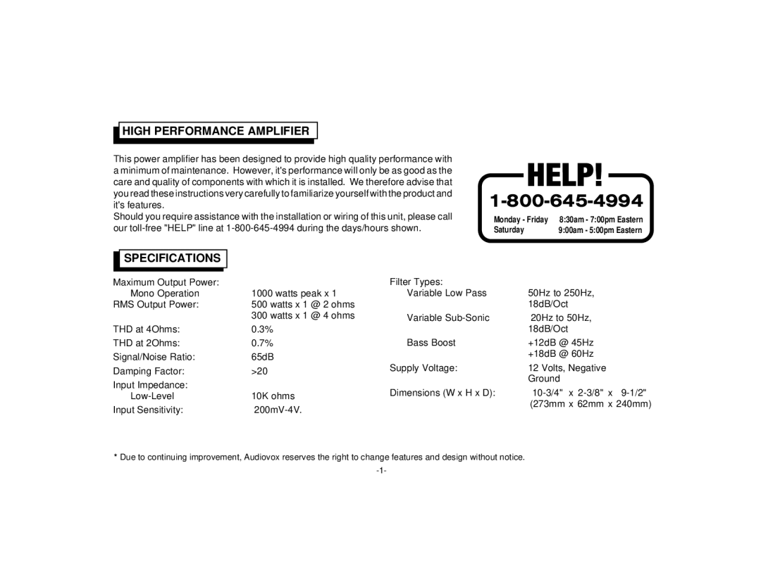 Audiovox PAB-1500D manual High Performance Amplifier, Specifications 