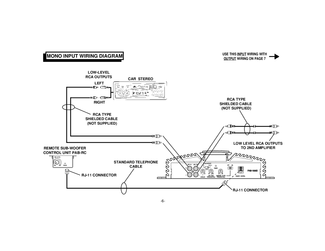 Audiovox PAB-1500D manual ~ ~, Mono Input Wiring Diagram 