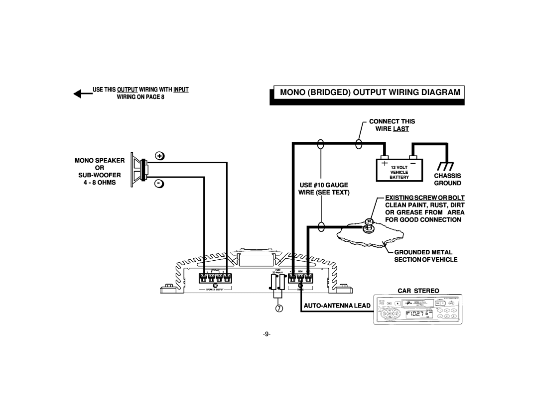 Audiovox PAB-2100R manual Mono Bridged Output Wiring Diagram 