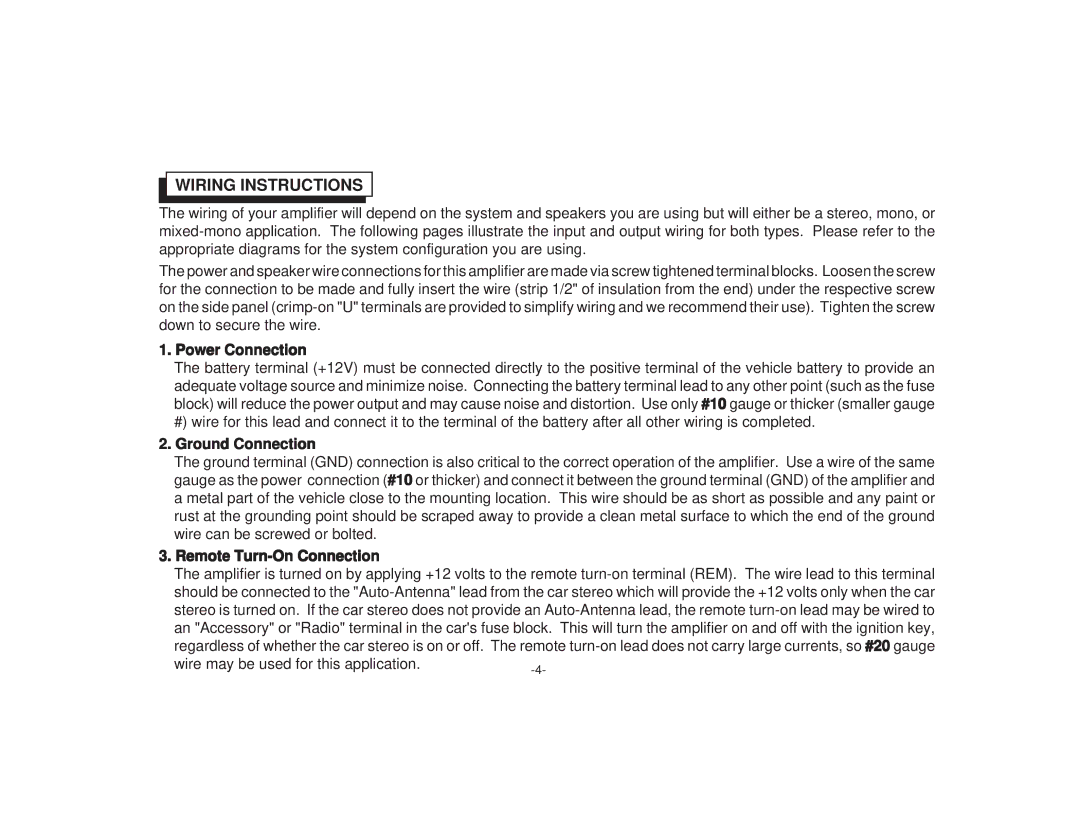 Audiovox PAB-2150R manual Wiring Instructions, Power Connection, Ground Connection, Remote Turn-On Connection 