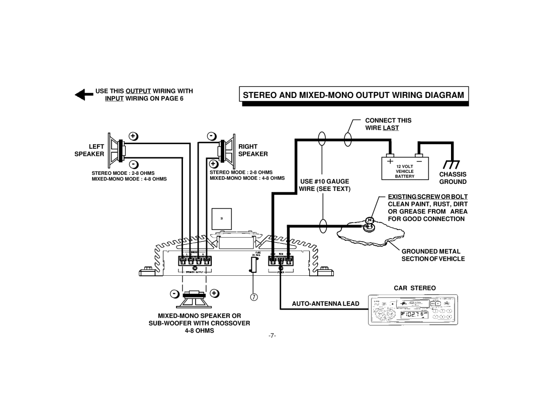 Audiovox PAB-250R manual Stereo and MIXED-MONO Output Wiring Diagram 