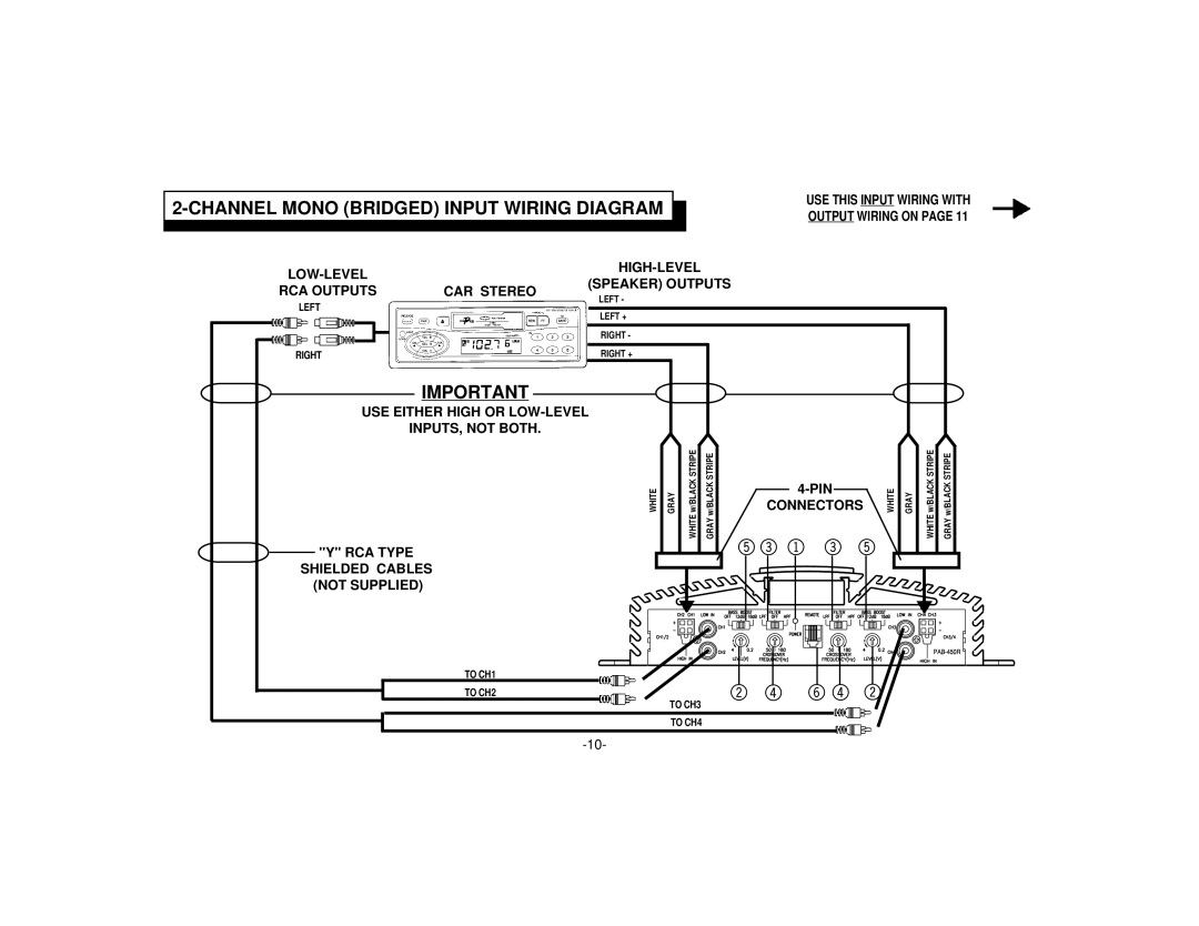 Audiovox PAB-450R manual 1 3, Channel Mono Bridged Input Wiring Diagram 