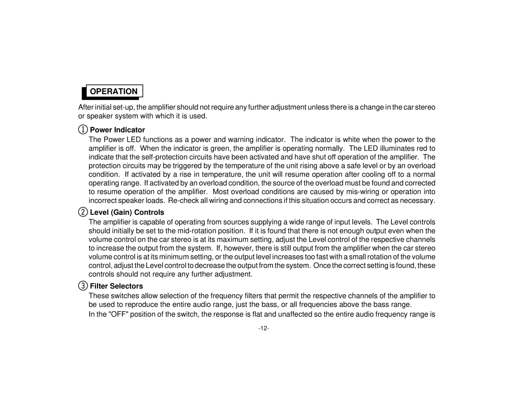 Audiovox PAB-450R manual Operation, Power Indicator, Level Gain Controls, Filter Selectors 
