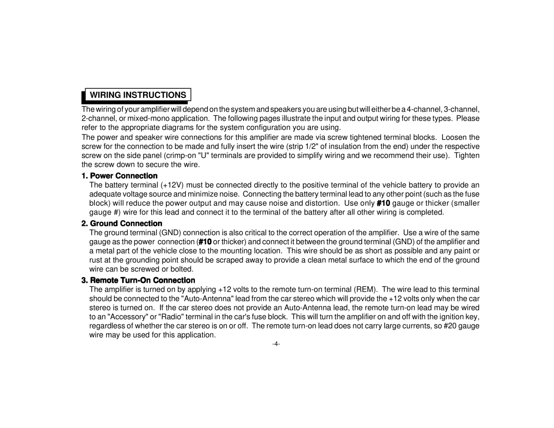 Audiovox PAB-450R manual Wiring Instructions, Power Connection, Ground Connection, Remote Turn-On Connection 