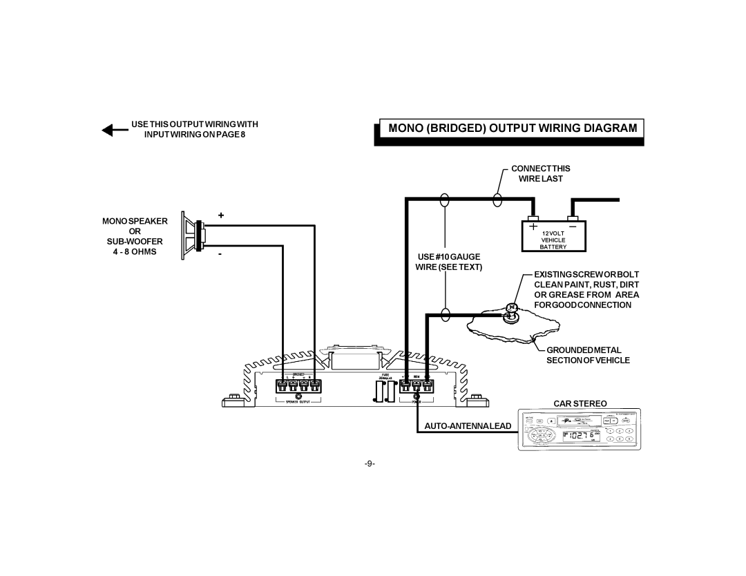 Audiovox PAS2150 owner manual Mono Bridged Output Wiring Diagram 