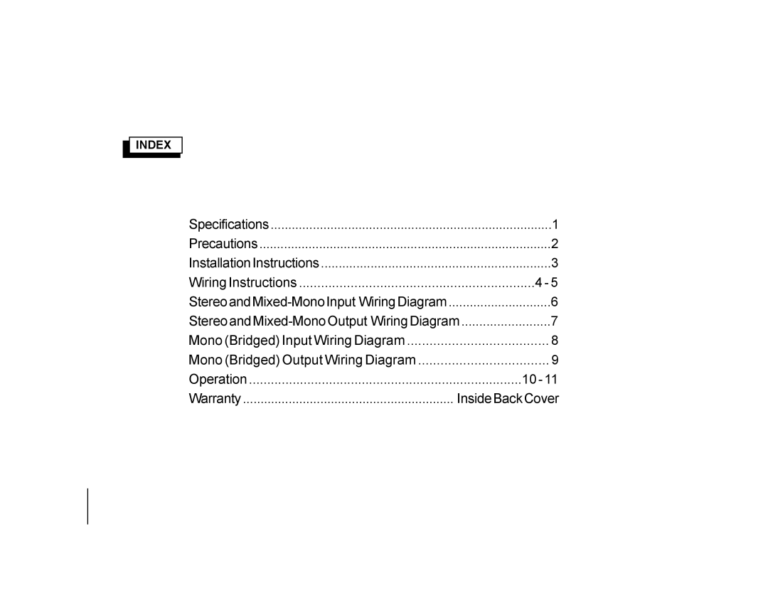 Audiovox PAS2150 owner manual InsideBackCover, Index 